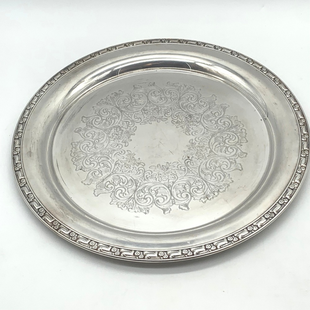 Vintage Wm A Rogers Oneida‎ 14.5" Round Silverplate Serving Tray Etched Floral